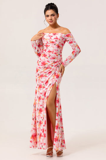 Pink Floral Sheath Off The Shoulder Long Wedding Guest Dress